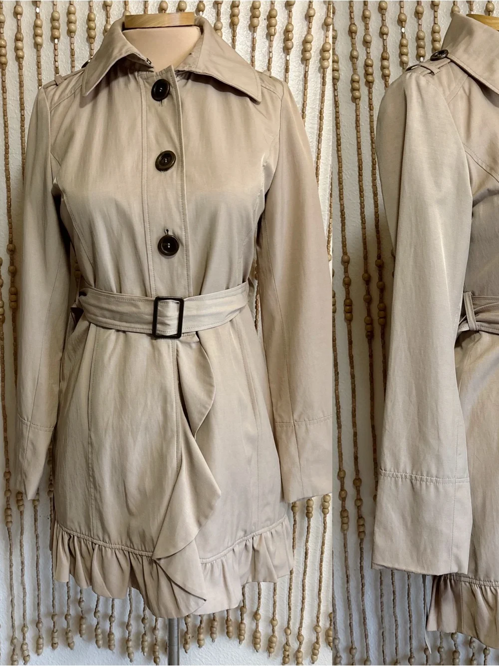 Y2K Vintage Guess Khaki Button Down Ruffle Hem Long Sleeve Belted Trench Jacket